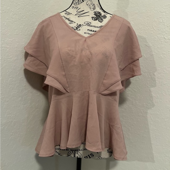 Umgee Pink Flutter Sleeve Ruffled Peplum Blouse - Picture 1 of 10